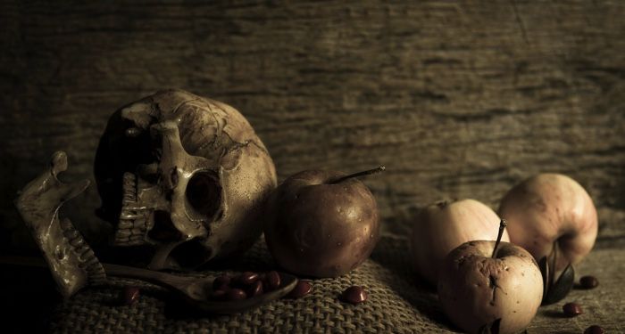 a skull and various fruits and nuts arranged on a mat in sepia tones.jpg.optimal